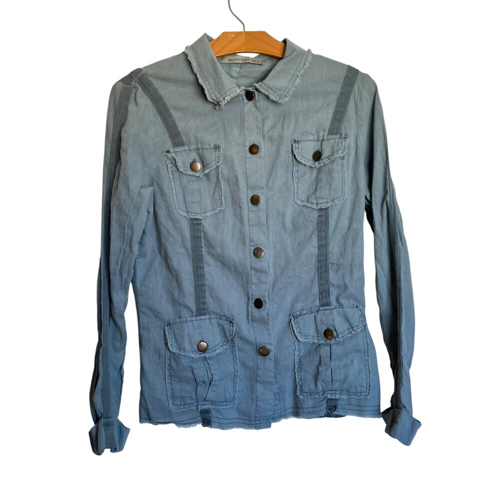 XCVI Wearables Cotton Linen Raw Edge Safari Jacket Oslo Blue Chore Utility L